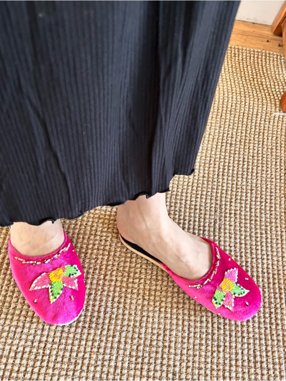 Anthropologie Pink Beaded Floral Slip-On Slippers